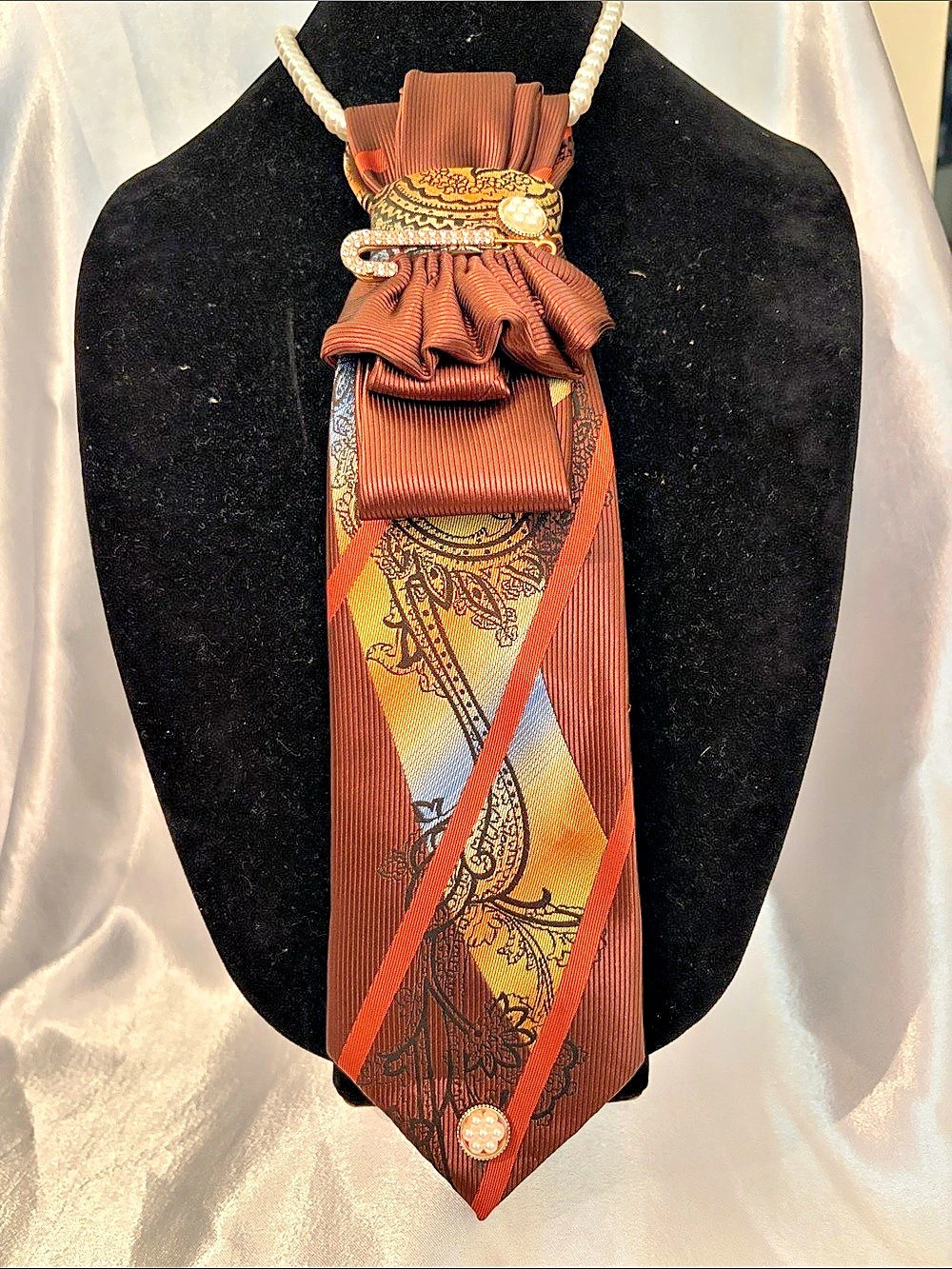 Henri Picard Paisley Tie Necklace in Brown & Orange